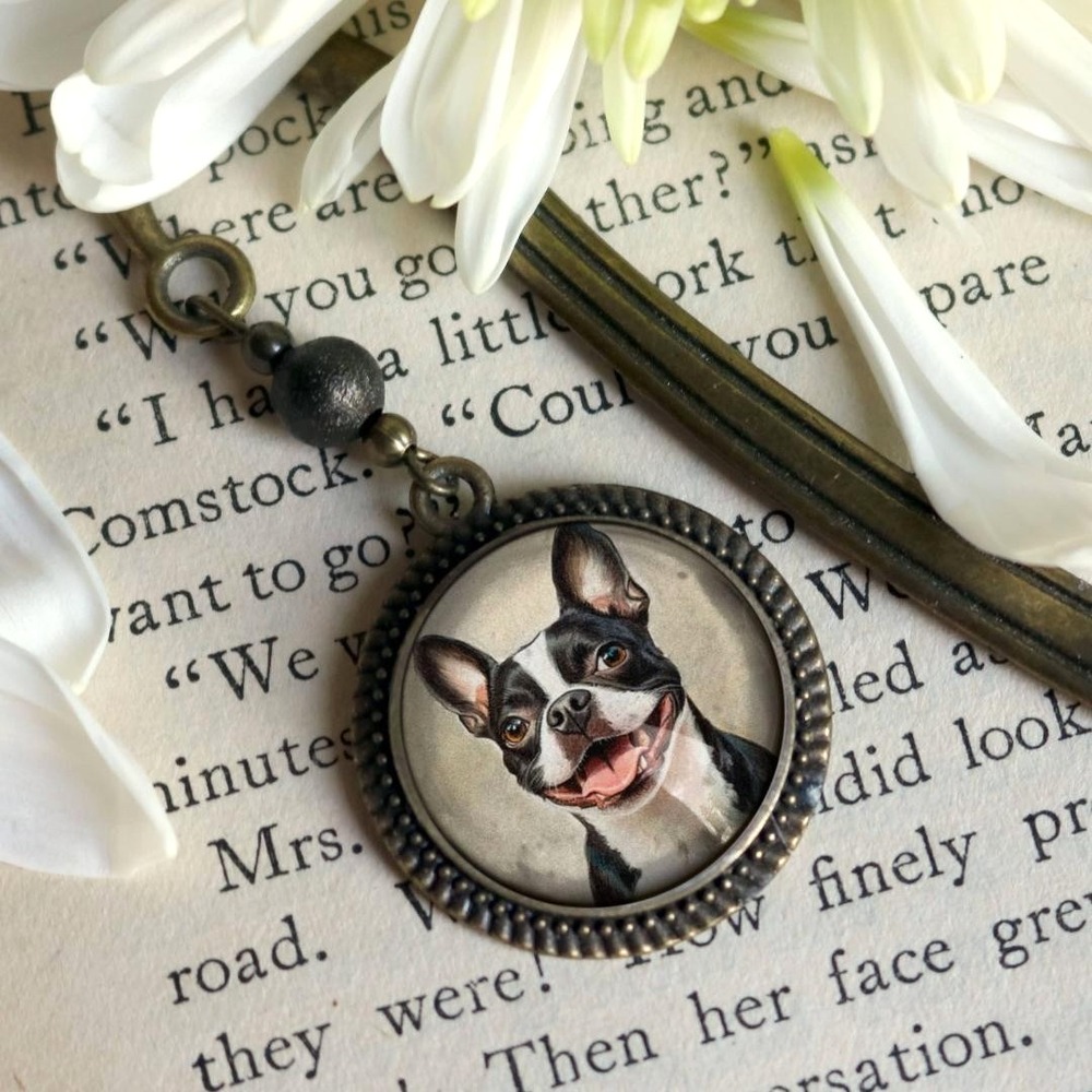 Boston Terrier Dog Bookmark - "Best Friends" - Bronze and Glass Book Hook‎